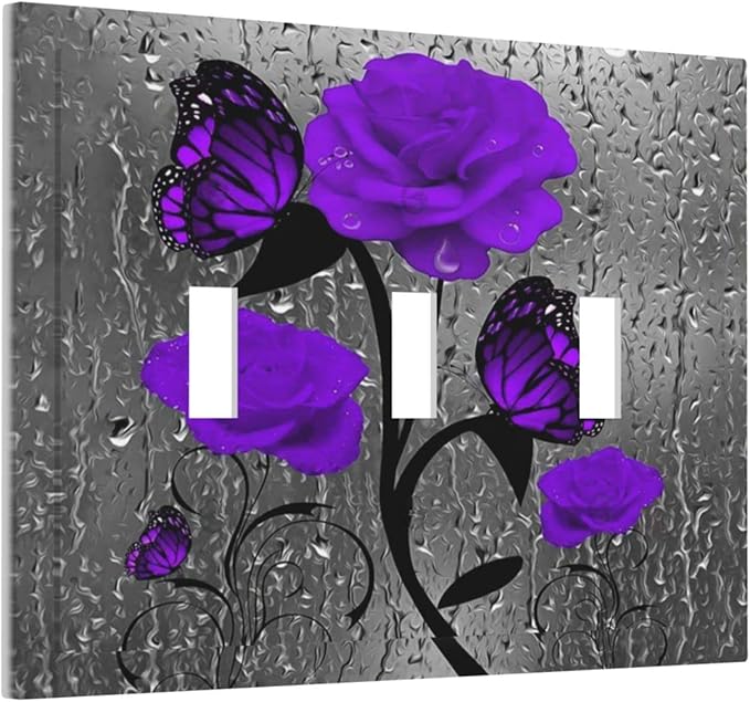 Rose Butterfly Purple Flower 3 Gang Triple Toggle Light Switch Wall Plate Cover Decorative Electrical Faceplate For Girls Grey Floral Room Bedroom Bathroom Decorate 6.7" x 4.8 Large Size
