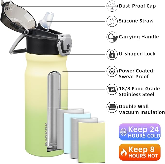 BJPKPK Insulated Water Bottle 18oz Stainless Steel Water Bottles with Straw and Carry Handle Double Wall Metal Thermal Flask,Lime