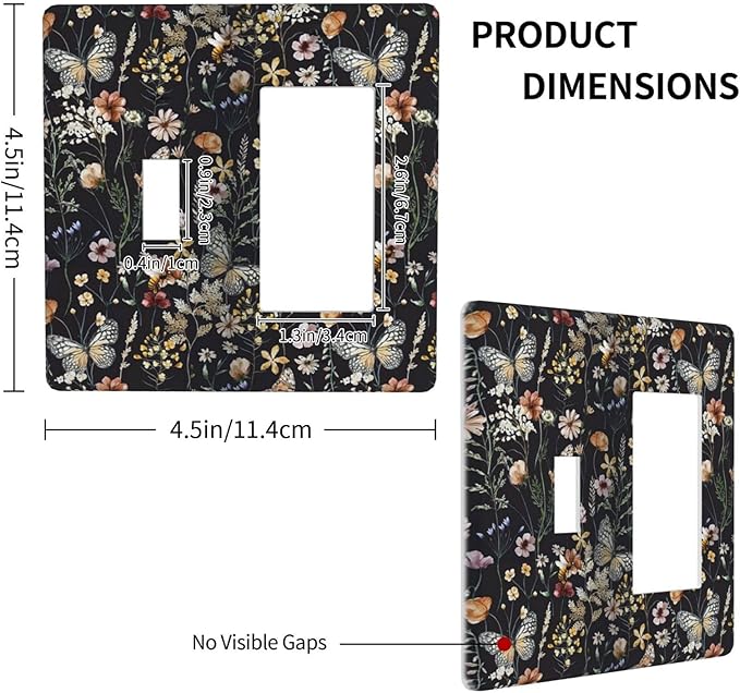 Vintage Flower Leaves 2 Gang Toggle Rocker Light Switch Cover Decorative Cute Bees Combin Wall Plates Dark Backgrounds Art Panel Butterfly Dimmer Decor for Bedroom Kitchen Bathroom