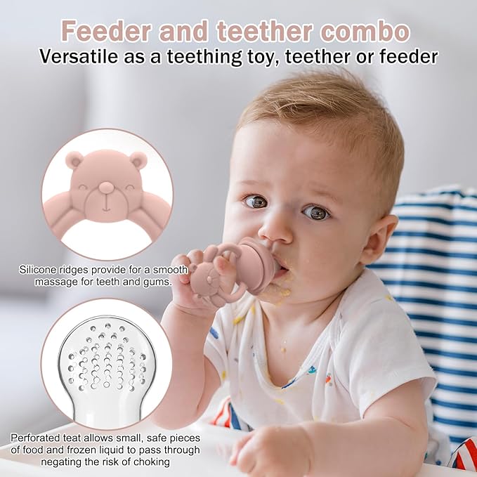 MISSLILI Baby Silicone Fruit Food Feeder Pacifier & Breastmilk Popsicle Freezer Molds,BPA Free Baby Food Storage Containers Frozen Ice Tray for Baby Feeding Safely, Infant Fruit Teething Toy (Pink)
