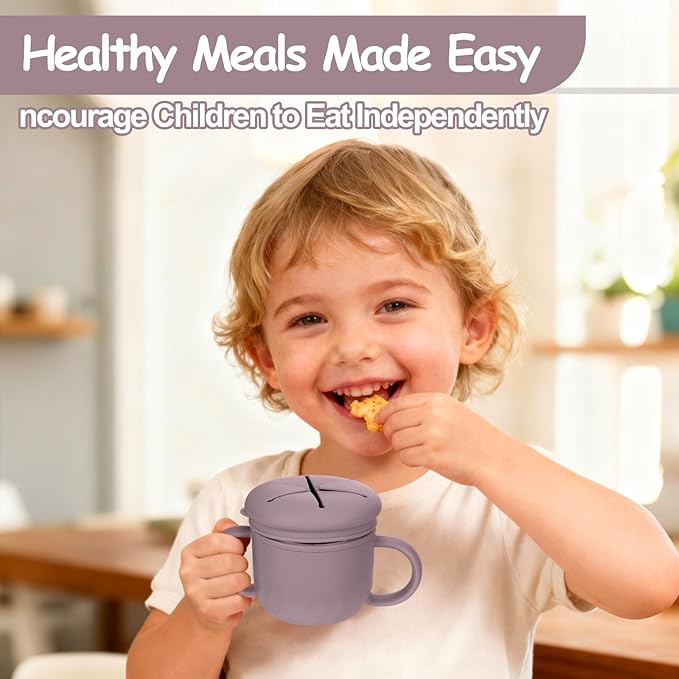 Toddler Snack Containers Stainless Steel Spill-Proof Snack Containers for Toddlers with Spill-Proof Silicone Lids and Handles 4-in-1 Baby Snack Cup is Dishwasher Safe for Easy use On The Go（Purple）