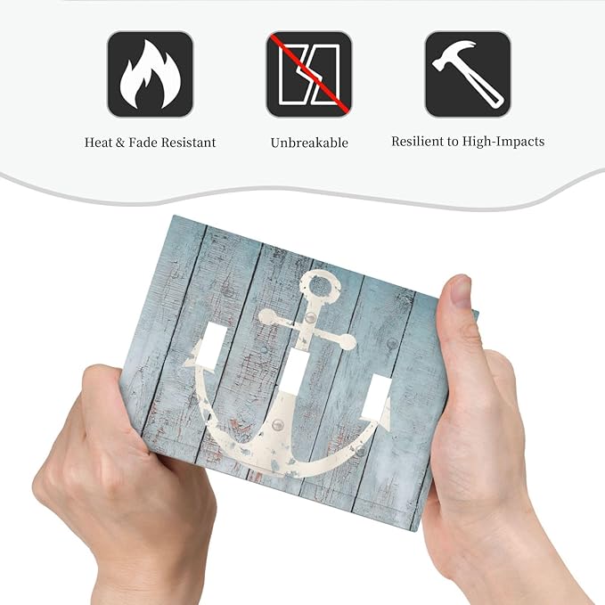Anchor Rustic Sailing Nautical Wooden Planks Marine Decorative Switch Plates 3 Gang Wall Plate Triple Toggle Light Switch Cover Faceplate Electrical Wall Panels for Bathroom Farmhouse Decor