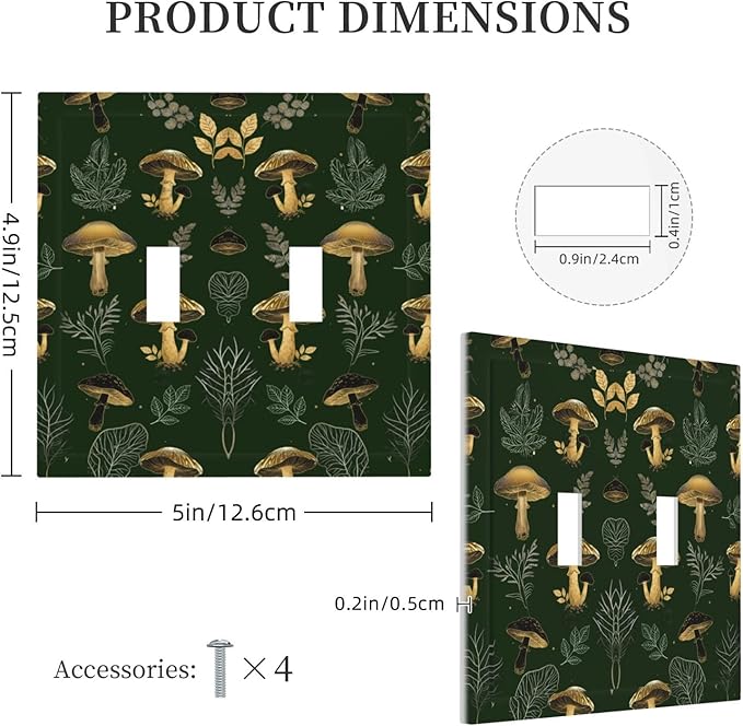 Decorative Light Switch Cover Plate Cute Gold Mushtroom Green Plant Leaf 2 Gang Outlet Covers Double Toggle Wall Plates for Electrical Outlets Switch Plate Covers Faceplate for Home Decor