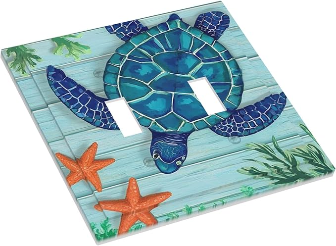 Coastal Sea Turtle Double Toggle Switch Cover - 2-Gang Standard US Size Mosaic Starfish Light Switch Covers, Nautical Ocean Theme for Coastal Homes