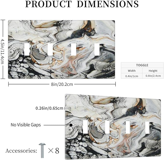 Black Gold Marble Texture Modern Abstract Print Light Switch Covers Quad Toggle Electrical Faceplate 4 Gang Wall Plate Decorative Switch Plates for Bathroom Kitchen Decor