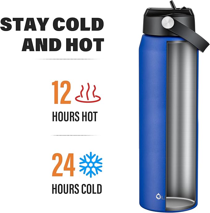 Oldley 32oz Insulated Water Bottle with Straw, Stainless Steel Water Bottle for Sports, Travel, School, BPA-Free Sports Bottles for Adult Kids, Leak-Proof, Klein Blue