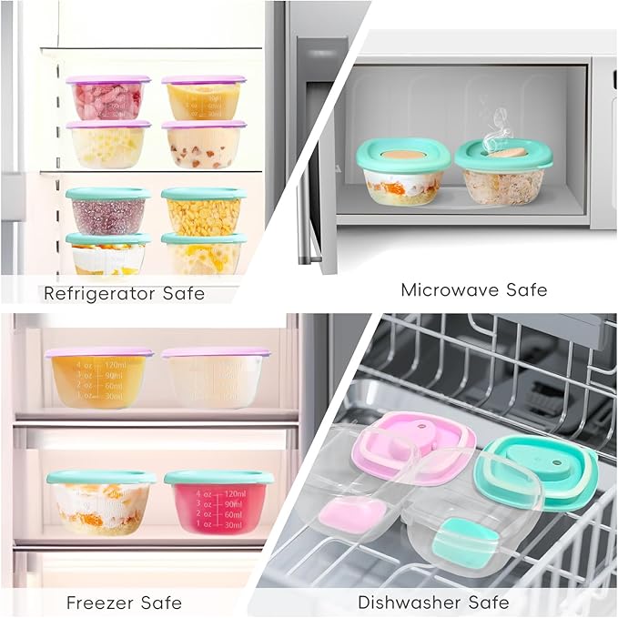 12 Pack Baby Food Storage Containers 4 oz, Baby Silicone Food Jars with Ventilation Valve, Snack Containers with Leak Proof Sealing Lid Microwave Safe, Suitablefor Nurseries, Schools and Travel