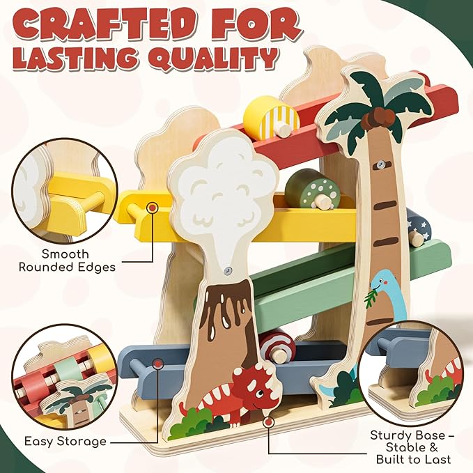 Lehoo Castle Wooden Car Ramp Toys for 1 Year Old Boy Birthday Gifts, Dinosaur Montessori Toys for 1 2 Year Old, Wooden Race Track with 4 Rollers Toddler Toys for 2 Year Old Boy
