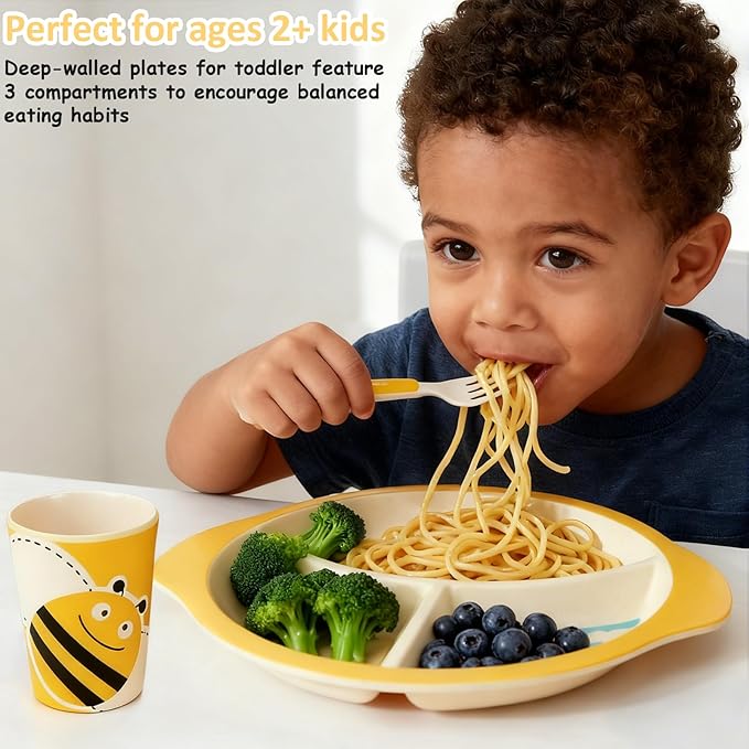 Kids Dinnerware Set, 5-Piece Mealtime Tableware for Children & Toddlers – Includes Divided Plate, Bowl, Cup, Fork & Spoon – Natural Bamboo Fiber, BPA-Free, Dishwasher Safe (Bee)