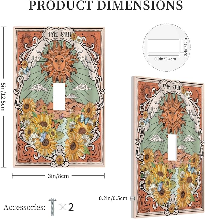 Boho Retro Sun Sunflower Vintage Flower Butterfly Decorative Light Switch Cover 1 Gang Single Toggle Device Electrical Faceplate Switchplates Decorator Outlet Wall Plate for Farmhouse Home Decor