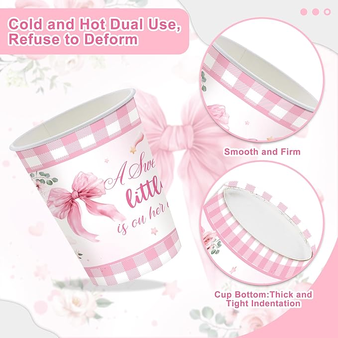 120 Pink Bow Baby Shower Decorations for Girl,Pink Bow Birthday Party Supplies Include Bow Plate,Napkin, Welcome Baby Girl Decorations for Coquette Bow Party Serves 20