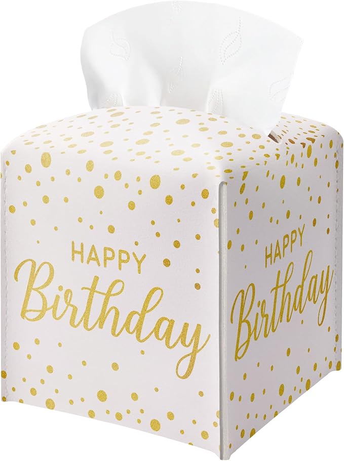 Happy Birthday Gold Foil Dots Tissue Box Cover - Square PU Leather Tissue Holder with Belt Bottom, Decorative Birthday Gift Idea for Birthday Party, Bathroom, Home Office & Car Decorations