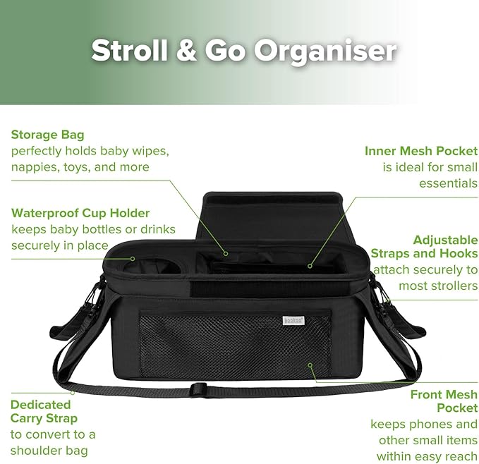 haakaa Universal Stroller Organizer - Black, Single Cup Holder, Stroller Caddy Accessories with Shoulder Strap & Extra Non-Slip Stroller Hook, Fits Most Strollers