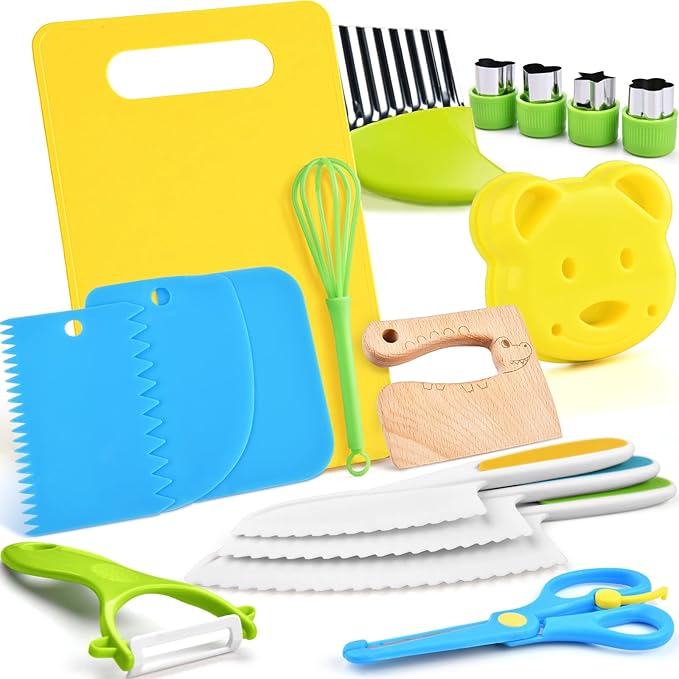 17PCS Montessori Toys Real Cooking Set for Kids Ages 3-6 - Kitchen Toys for Toddlers with Safe Knives, Cutting Board & Utensils - Learning Educational Pretend Play