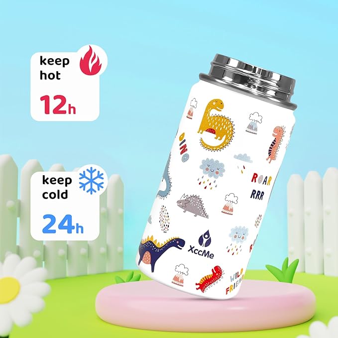 2Pack Kids Water Bottle With Straw Lid,14 oz Stainless Steel Travel Bottle,Double Wall Leak Proof Kids Cup,Insulated Tumbler for Toddlers,Metal Bottle for School Boys Girls(Alphabet+Dinosaur)