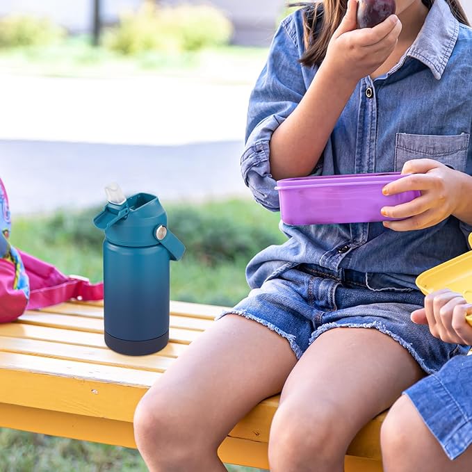 Fijinhom 12 oz Water Bottle, Kids Water Bottles for School, Toddler Water Bottle with Straw & Handle, 304 Stainless Steel Insulated Water Bottle, Non-slip Silicone Base, BPA Free, Gradient Blue