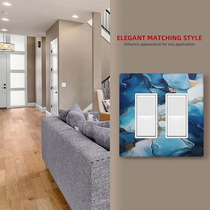Decorative Outlet Covers Artistic Abstract Blue Marble Gold Line Painted 2 Gang Wall Plate Double Rocker Switch Light Switch Plate Covers Jumbo Dual Electrical GFCI Switch Cover Plate