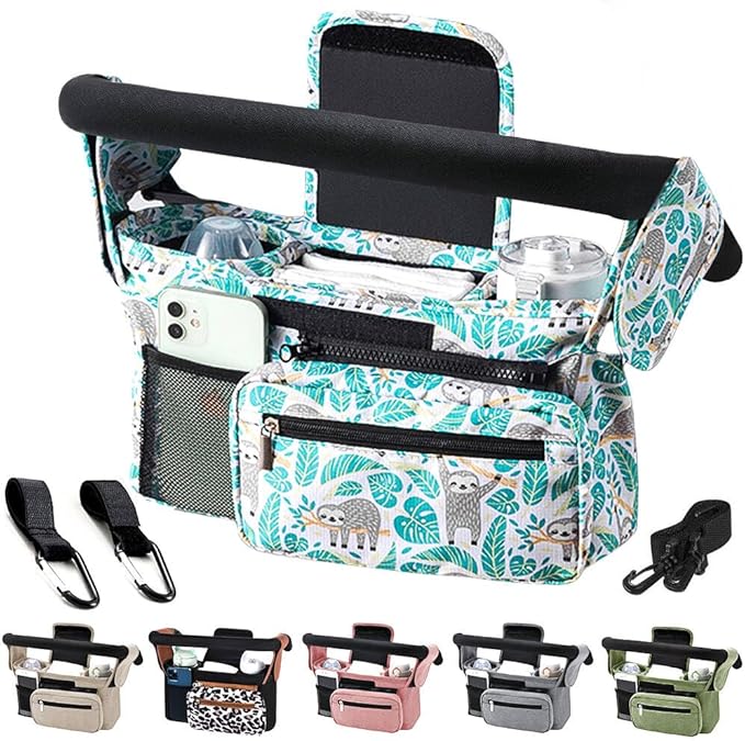 Baby Stroller Organizer, Universal Stroller Organizer with Detachable Phone Bag, Stroller Caddy with 2 Insulated Cup Holders, Buggy Organizer Bag with 2 Hooks Fits Most Strollers (Sloth)