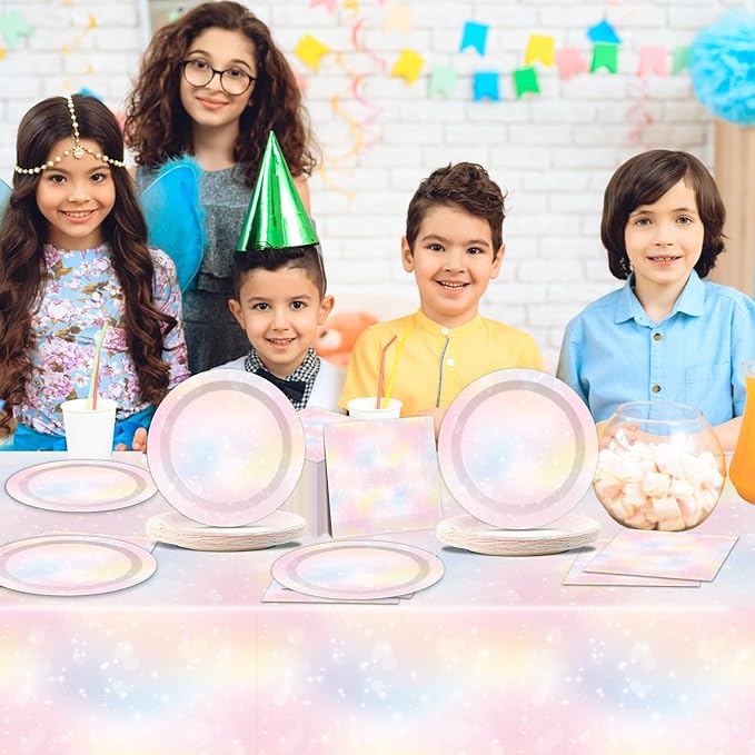 Pastel Rainbow Tableware Set Pastel Birthday Party Plates Napkins Rainbow Theme Party Disposable Table Cover Boho Cake Dessert Dinnerware for Kids Girls Baby Shower Birthday Wedding Decor Supplies