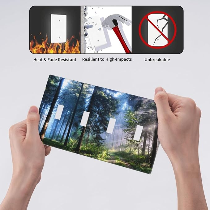 Green Landscape Forest Tree 4 Gang Device Light Switch Cover Decorative Quad Toggle Wall Plate Decorative Electrical Faceplate for Home Bedroom Art Decorate