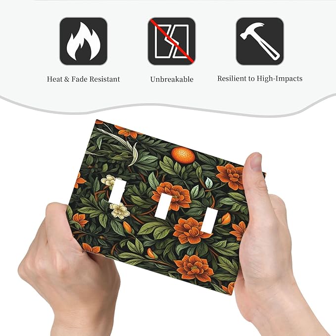 Light Switch Cover Plate William Morris Orange Flowers Rustic Leaves Floral 3 Gang Triple Toggle Decorative Switch Plates Wall Plates Electrical Switchplate Faceplate for Bathroom Bedroom