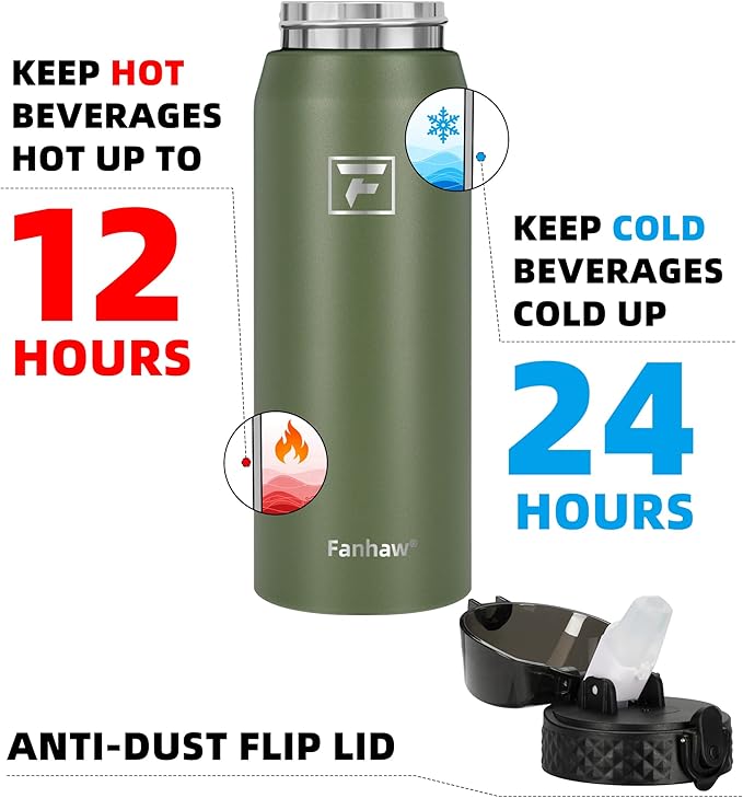 Fanhaw 24 oz Insulated Stainless Steel Water Bottle with Straw Lid, Leakproof & Anti-Dust Sports Bottle for Kids, Women & Men (Olive Green)