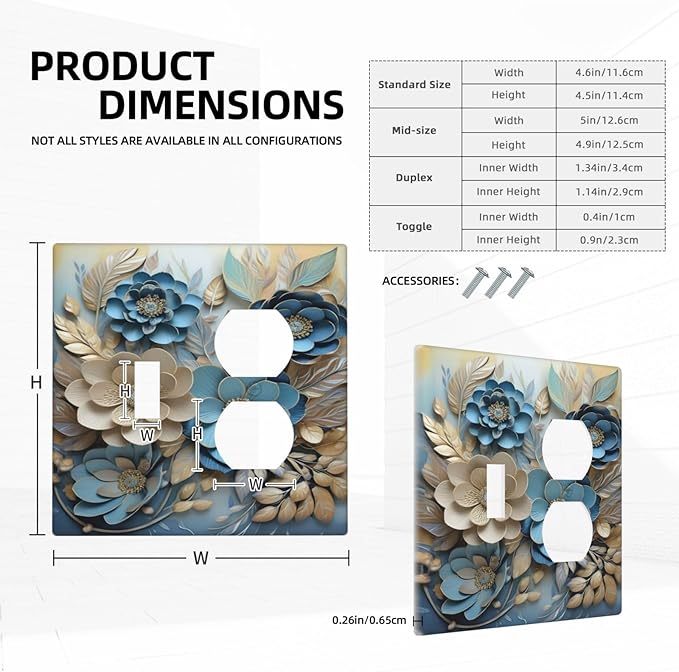 Decorative Art Light Switch Covers Blue and Creamy Floral 2 Gang Single Toggle Duplex Combination Electrical Faceplate Switchplate Wall Plate for Home Decor