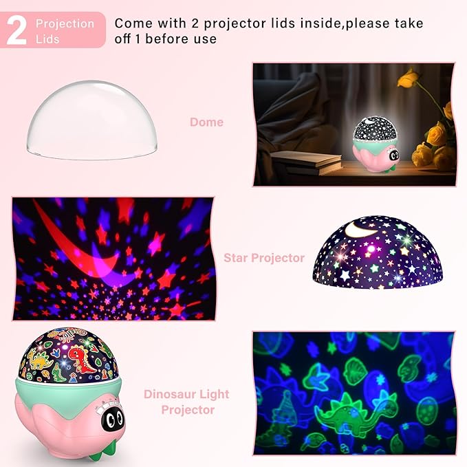 MOKOQI Dinosaur Night Light Projector for Kids Room, Boy Girl Dino Lamp with 10 Soothing Music& Timer, Remote Control, Colorful Projection Effect, High Brightness, Birthday Gifts for Infant Baby