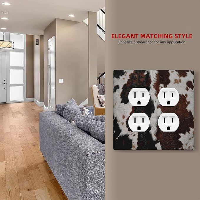 Cowhide Print Abstract Animal Fur Rustic Outlet Covers 2 Gang Double Duplex Decorative Light Switch Covers Electrical Wallplates Socket Faceplate for Farmhouse Home Decor