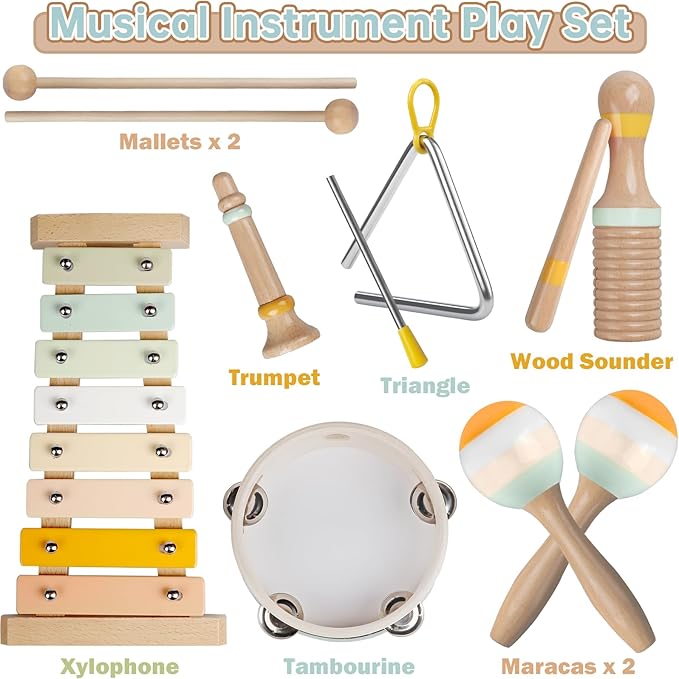 Baby Musical Instruments - Toddler Musical Toys Montessori Wooden Xylophone Maracas Tambourine Percussion Set for 1 2 3 Year Old, Kids Educational Music Learning Toys, Birthday Gifts for Boys Girls