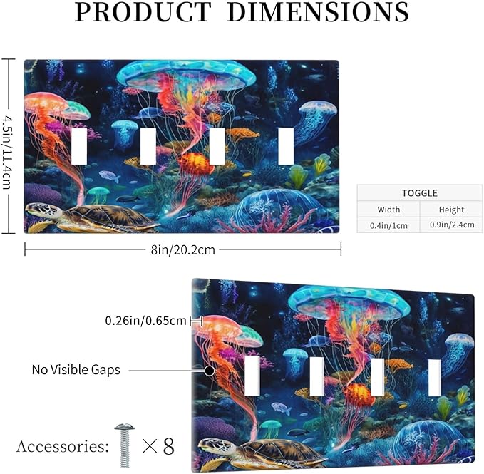 Jellyfish Sea Turtle Fantasy Ocean Coral Underwater World Light Switch Covers Quad Toggle Electrical Faceplate 4 Gang Wall Plate Decorative Switch Plates for Nursery Kids Room Decor
