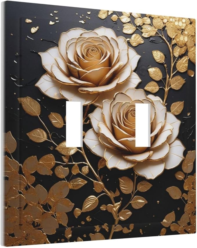 Decorative Light Switch Plate Covers Big Golden White Roses Glod Leaves Black Background 2 Gang Wall Plate Double Toggle Switch Cover Plate Electric Dual Device Electrical Faceplate