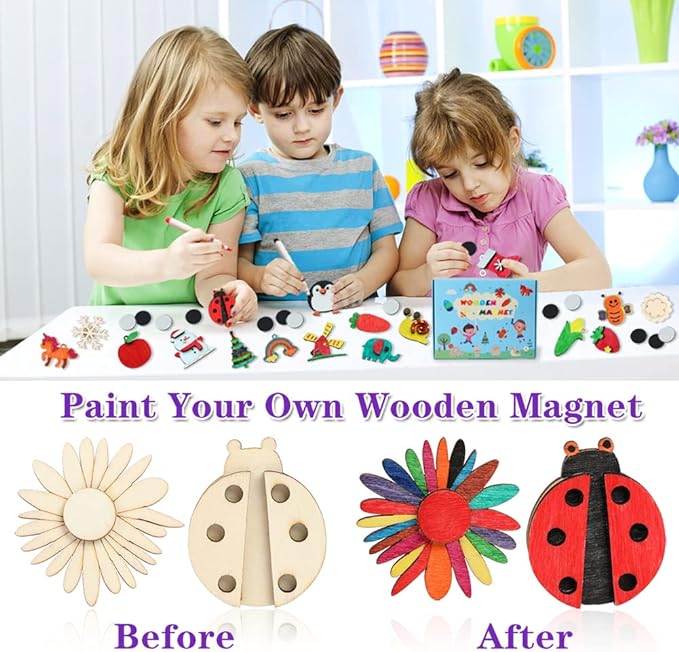 Worgree DIY Wooden Magnets, 36 pcs Wooden Art Craft Supplies Painting Kit for Kids Party Favors for Boys Girls Ages 4-8 8-12 Birthday Easter Crafts Gifts Toys Basket Goodie Bag Stuffers