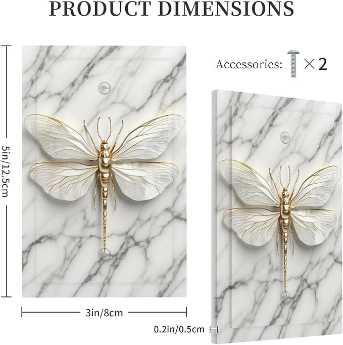 White Gold Marble Dragonfly Abstract Modern Light Switch Cover Plate 1 Gang No Device Blank Electrical Wall Plates Faceplate Decorative Switch Plate for Bathroom Home Decor