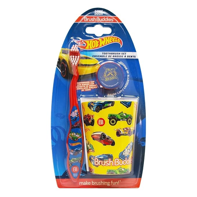 Brush Buddies Hot Wheels Kids Toothbrushes Kit Manual Toothbrushes for Kids Toddler Toothbrush 2 + Years Travel Toothbrush Kit with Cover and Cup 3PC Soft Bristles Small Head Easy Grip Handles