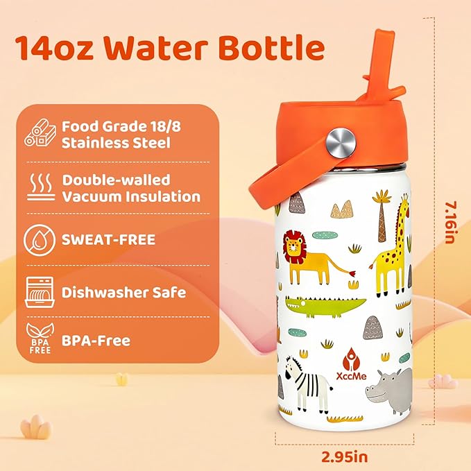 14oz Animal Kids Water Bottle With Straw Lid,Stainless Steel Travel Bottle,Double Wall Leak Proof & BPA-FreeKids Cup,Insulated Tumbler for Toddlers,Metal Bottle for School Boys Girls