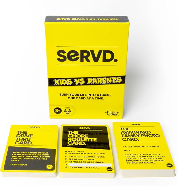 Hasbro SERVD Kids vs Parents Edition Game – Hilarious Real-Life Family Card Game for Kids, Teens, Adults – Fun Challenges – 2-6 Players – Ages 8+