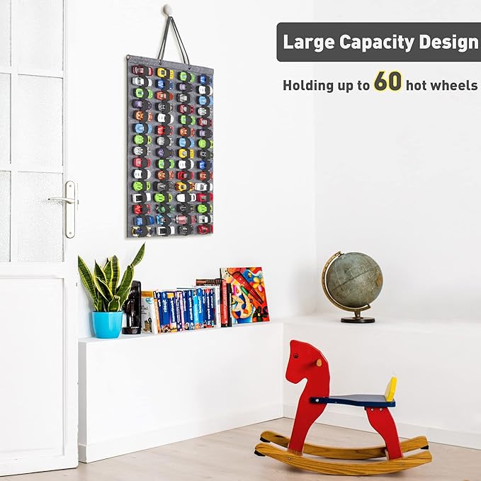 Hanging Storage Organizer for Toy Cars Felt Display Case Hold Up 60 Toy Cars (Without Accessories)(Gray)