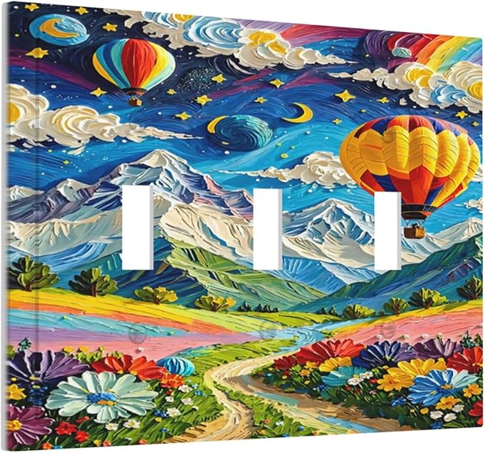 Hot Air Balloons Floral Vibrant Colors Flowers Mountains Stars Moon Decorative Switch Plates 3 Gang Wall Plate Faceplate Electrical Wall Panels Triple Toggle Light Switch Cover for Bedroom Kids Room