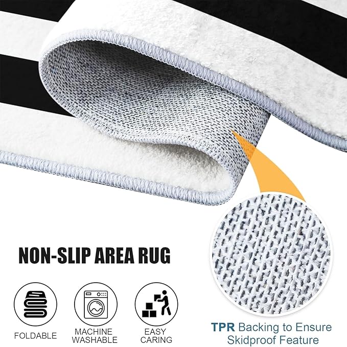 Black and White Area Rugs 6 x 9 ft Non-Slip Foldable Machine Washable Rug, Geometric Horizontal Stripes Low-Pile Comfy Fluffy Floormat for Various Scenes Home Decor Aesthetic