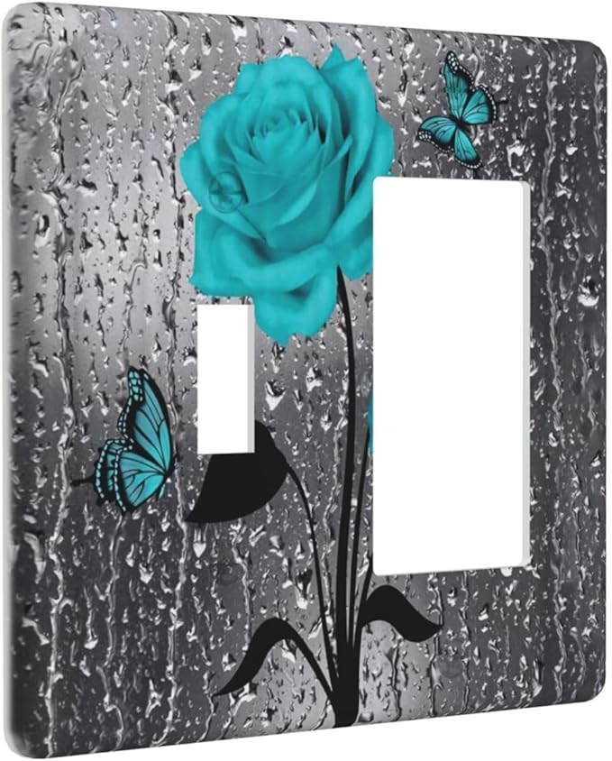 Romantic Aqua Teal Blue Rose Flower Floral Butterfly Decorative Single Toggle/Rocker Combo Light Switch Cover 2-Gang Electrical Wall Plate Double Combination Switch Decorator GFCI Receptacle Cover