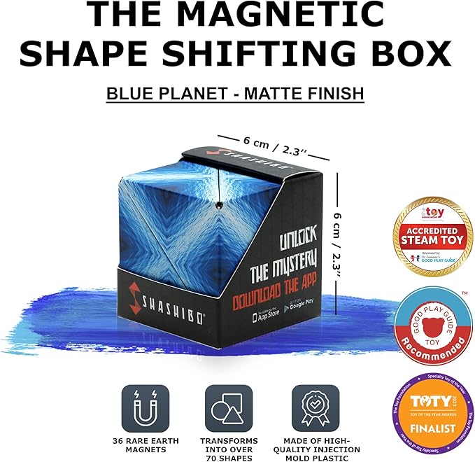 Shashibo Shape Shifting Box - Award-Winning STEM Fidget Toy with Ultra Strong Magnets - Puzzle Cube Transforms Into 100+ Shapes, Perfect Sensory Gift for Kids, Teens, and Adults (Blue Planet)