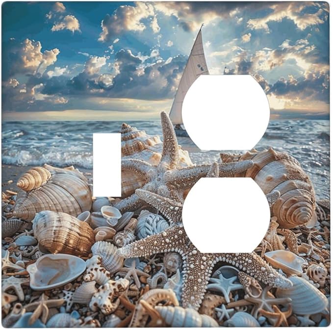 Decorative Outlet Covers Ocean Sea Beach Starfish Seashell Sailboat Sunset 2 Gang Wall Plate Single Toggle Duplex Light Switch Cover Switch Plate Covers Faceplate for Bedroom Home Decor