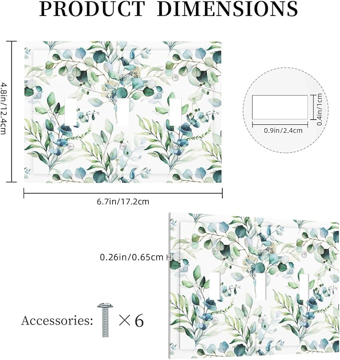 Watercolor Spring Olive Leaves Triple Toggle Device Switch Wall Plate 3-Gang Light Switch Cover Green Eucalyptus Sage Ivy Leaf Botanical Bontay Decorative Decorator Wallplate Switchplate Room Decorate