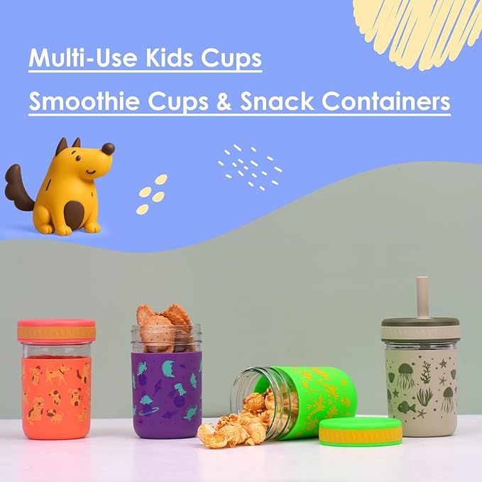 Sursip Toddler Glass Sippy Cups, Kids Baby 12 oz Spill-Proof Water Tumbler with Straw and Lids, Smoothie Snack Mason Jar For Travel School or At Home, 4 Packs BPA-Free
