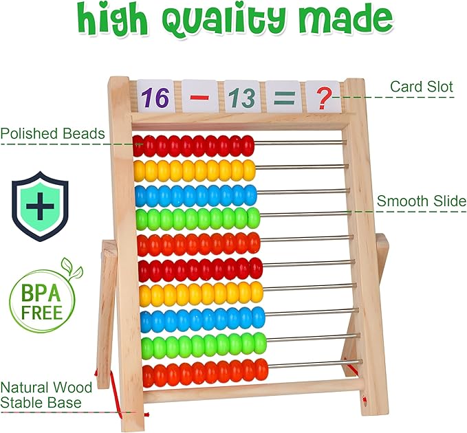 WOODMAM Wooden Abacus for Kids Math, Educational Counting Toy with Counting Sticks and Number Alphabet Cards, Preschool Learning Toys Gift for Boys Girls Age 3+ Years Old