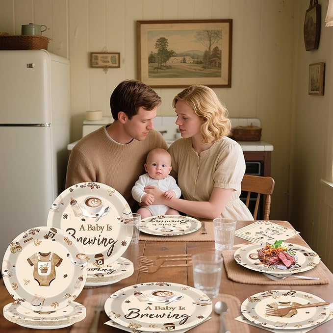 96 Pcs Coffee Baby Shower Party Plates Napkins Tableware Set A Baby Is Brewing Supplies In Bloom Disposable Dinnerware Coffee Themed Decoration Favors for Pregnancy Party, 24 Guests