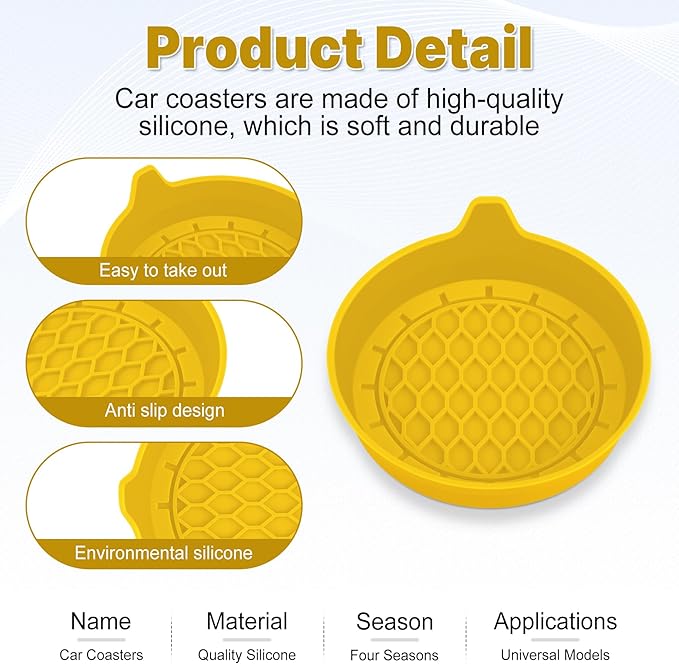 SINGARO Car Cup Holder Coaster, Silicone Cup Holder Insert, Universal Non-Slip Cup Holders, Car Accessories Interior for Women and Man 4 Pack Yellow