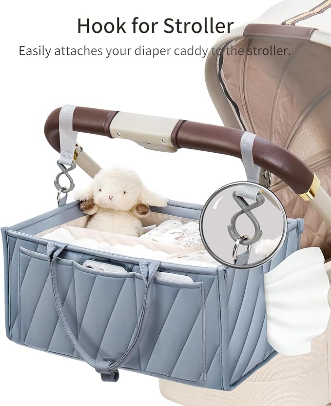 Baby Boy Essentials Diaper Caddy Organizer – Portable Storage Basket with Shoulder Strap & Stroller Hooks, Splashproof Quilted Nursery & Car Tote, Baby Gifts for Baby Shower, Classic Blue