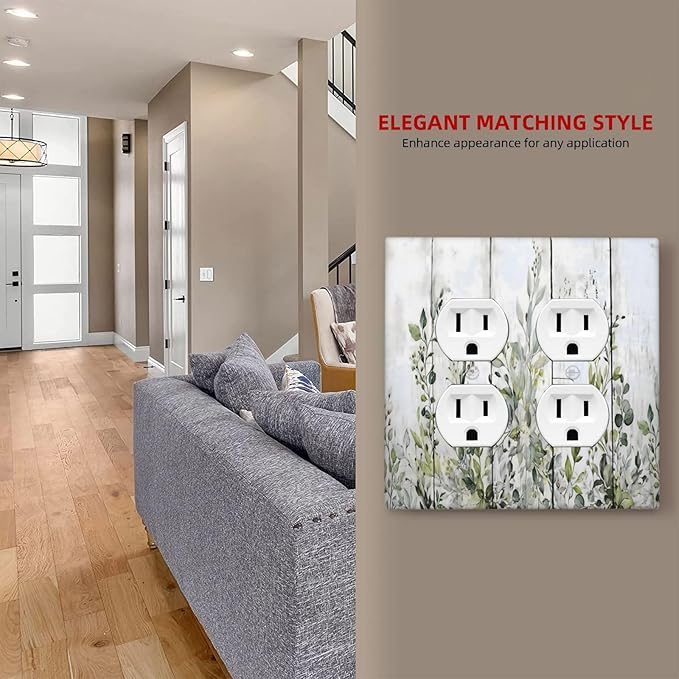 Sage Green Eucalyptus Rustic Country Botanical Leaf Flower Outlet Covers 2 Gang Double Duplex Decorative Light Switch Covers Electrical Wallplates Socket Faceplate for Farmhouse Bedroom Decor